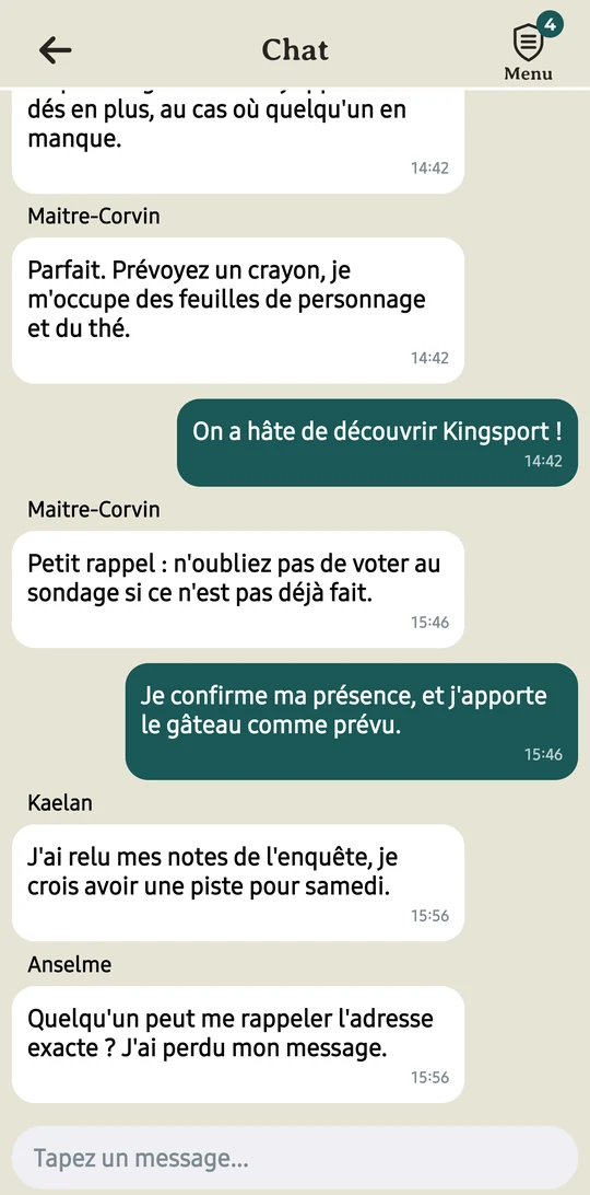 Chat de groupe d'une campagne côté Player : le Master et plusieurs joueurs préparent la prochaine session (crayons, dés, rappel de voter au sondage, adresse).
