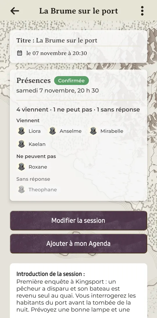 Session « La Brume sur le port » côté Master : la pastille « Confirmée » et les joueurs répartis entre « Viennent » (4), « Ne peuvent pas » (1) et « Sans réponse » (1).