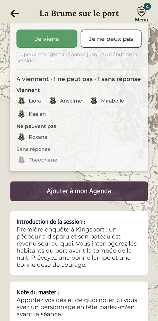 Session « La Brume sur le port » côté Player : réponse « Je viens » sélectionnée, liste des présences, bouton « Ajouter à mon Agenda », introduction de la session et note du Master.