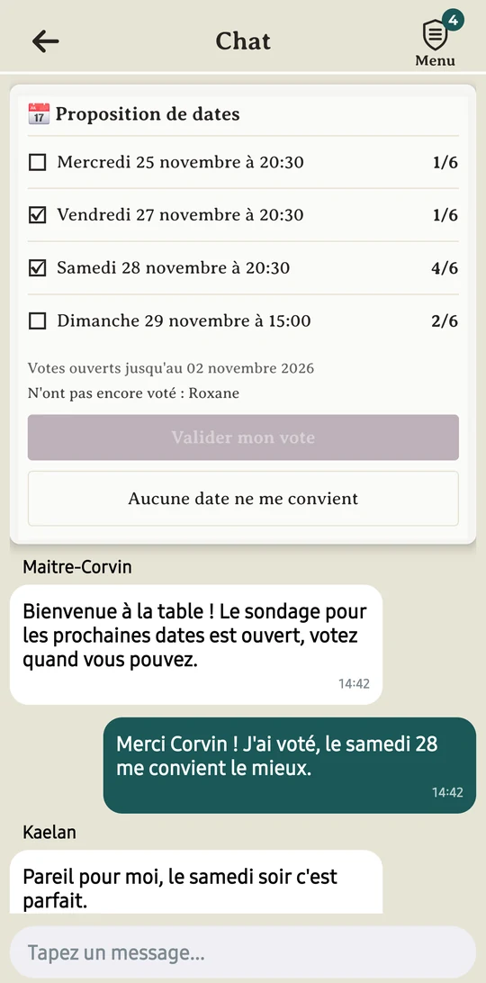 Chat d'une campagne côté Player : la carte « Proposition de dates » affiche quatre dates du 25 au 29 novembre et leurs votes, le samedi 28 en tête avec 4 votes sur 6.